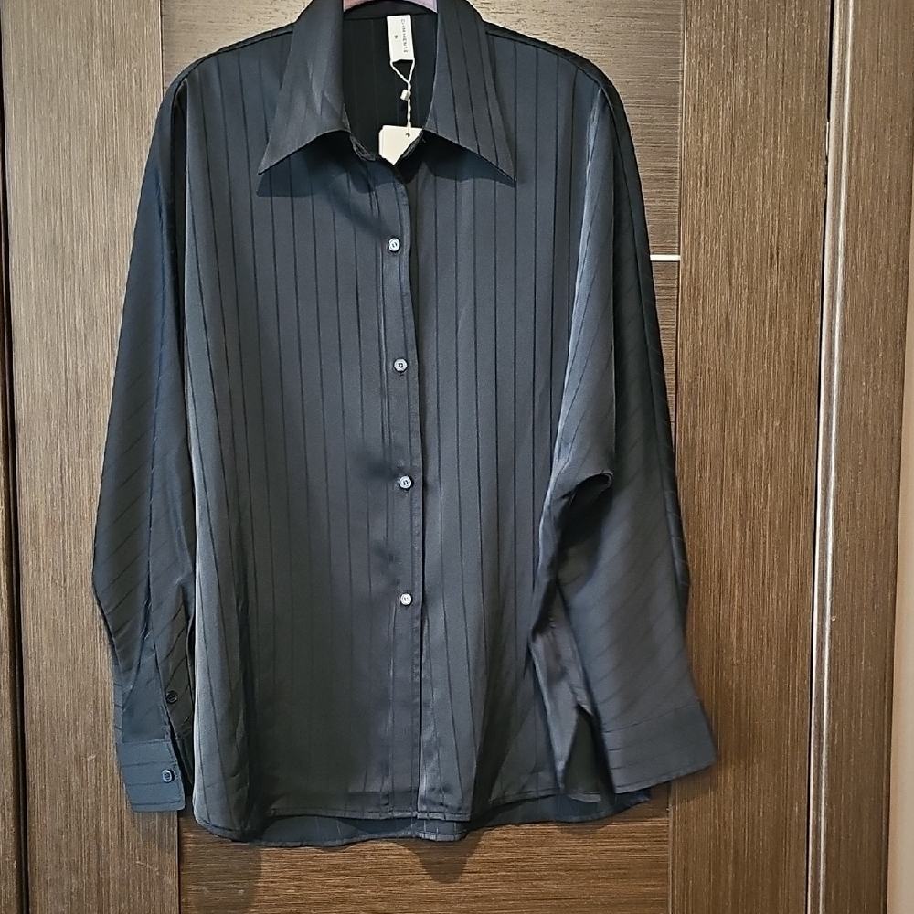 Commense Men's Black Subtle Pinstripe Dress Shirt